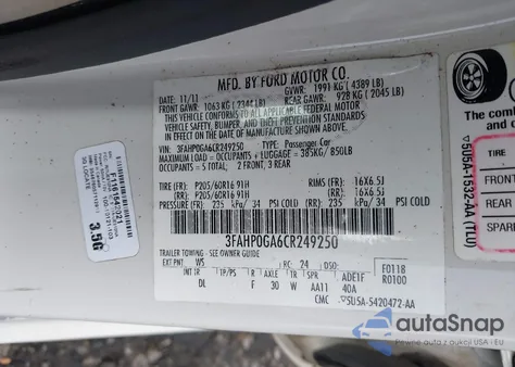 2012 Ford Fusion S z USA, uszkodzony, nr VIN 3FAHP0GA6CR249250